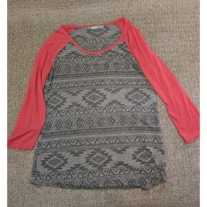 Maurices Top Womens Size M Aztec Print Sheer Blouse Gray Orange